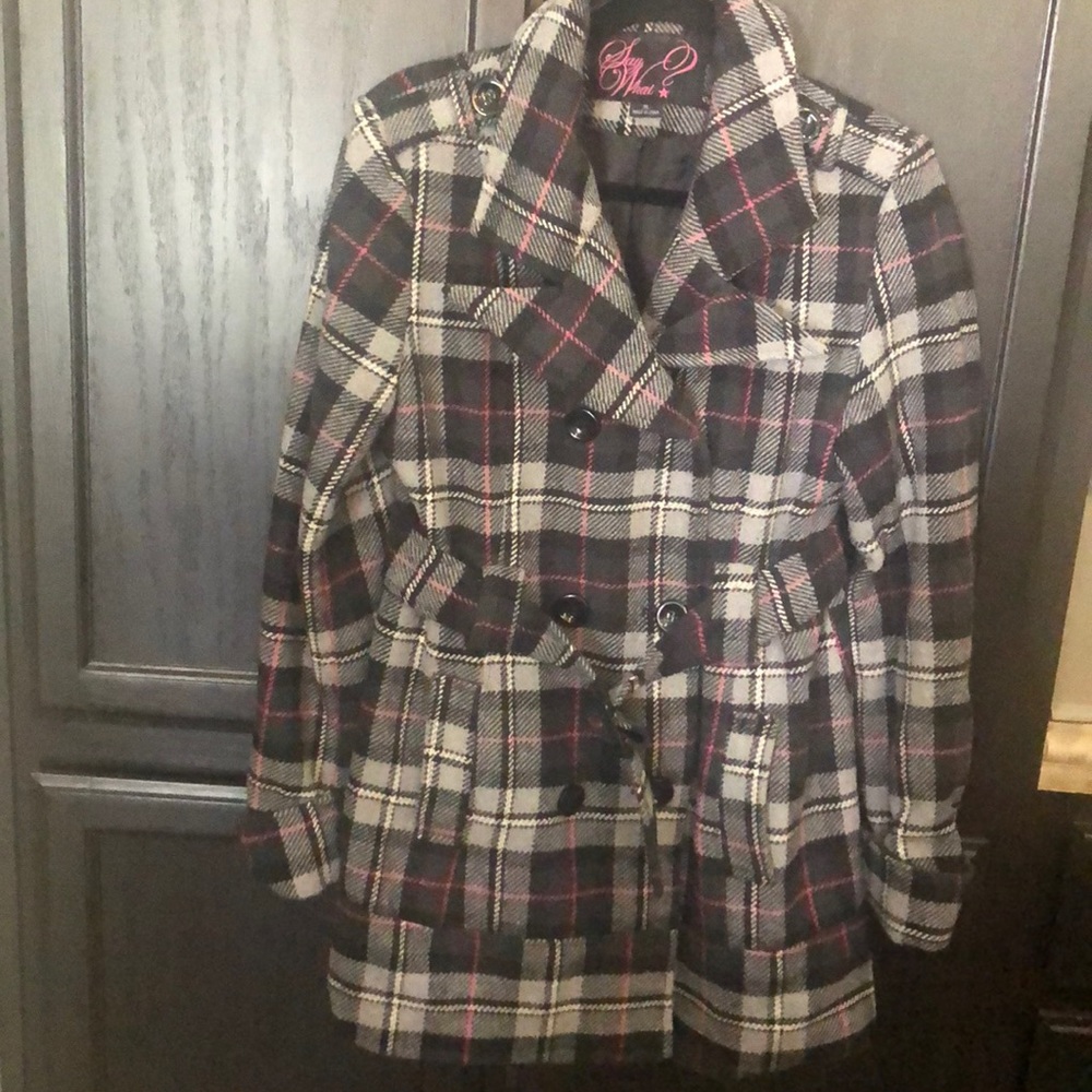 Pea coat black grays and stripes of white and pink